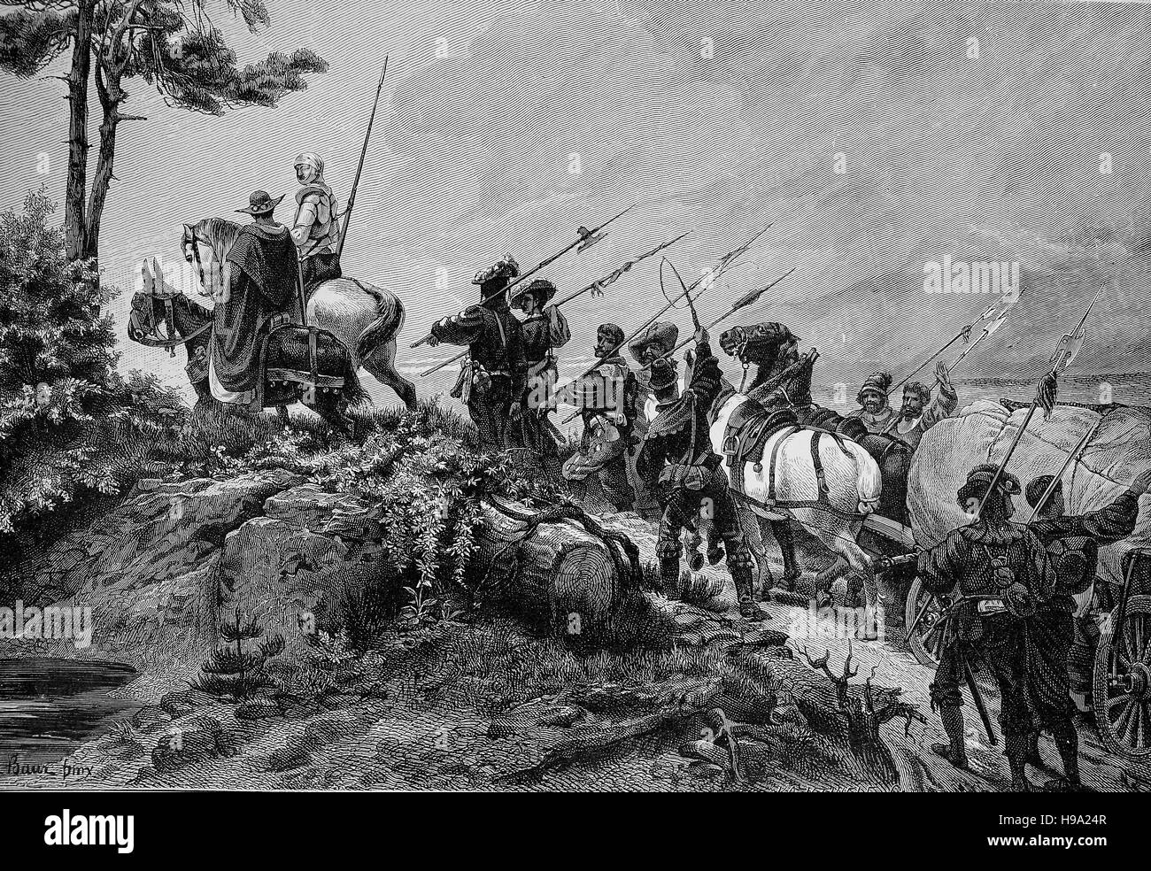 Un trasporto merci sotto la protezione del Landsknechts nel Medioevo, illustrazione storico Foto Stock