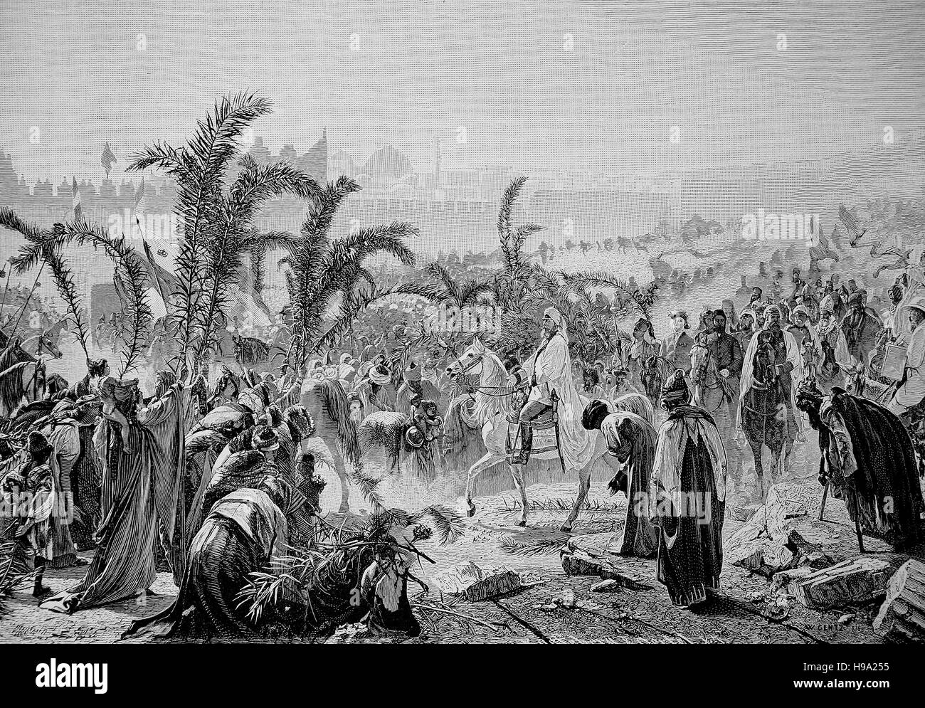 Corsa della Palestina da parte di Kaiser Guglielmo II, arrivando a Gerusalemme, illustrazione storico Foto Stock