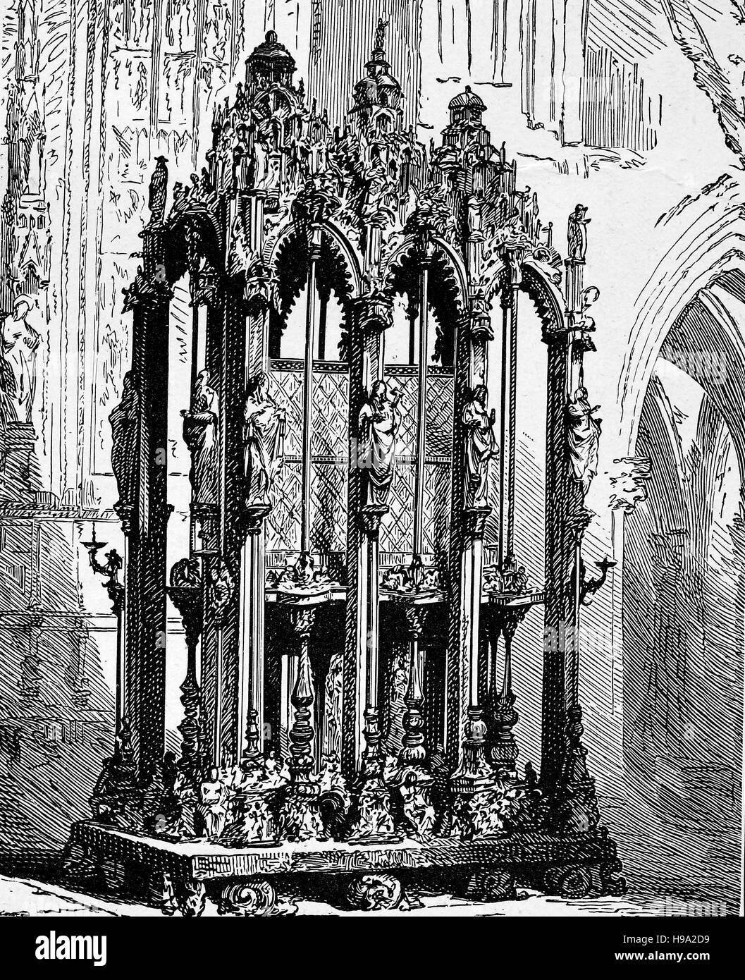 Santuario di San Sebaldus contenente le sue reliquie in Sebalduskirche a Norimberga, Germania, il capolavoro di Peter Vischer il vecchio e i suoi figli, 1508-19, illustrazione storico Foto Stock