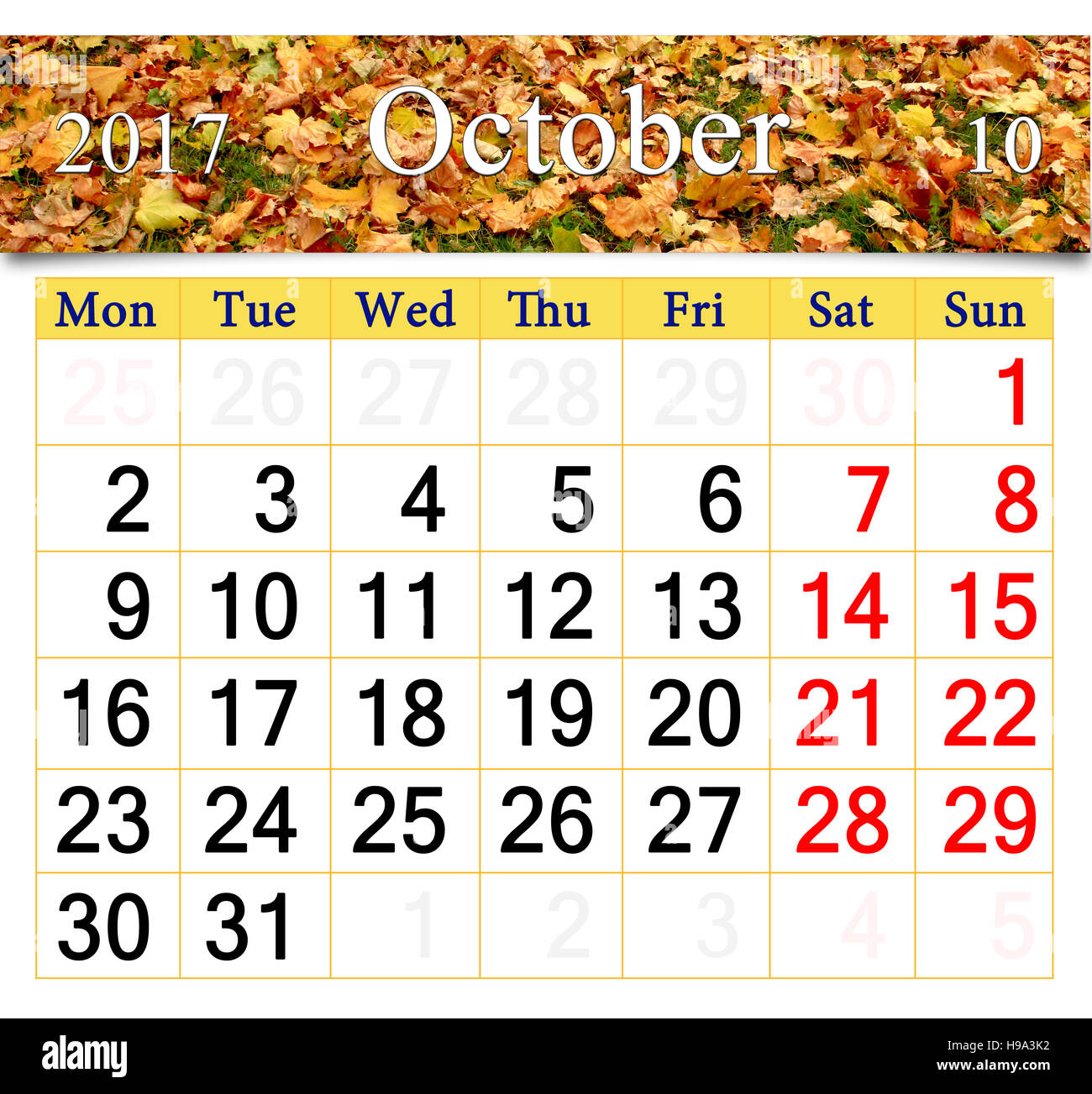 Calendario per il mese di ottobre 2017 con l'immagine di colore giallo foglie d'acero Foto Stock
