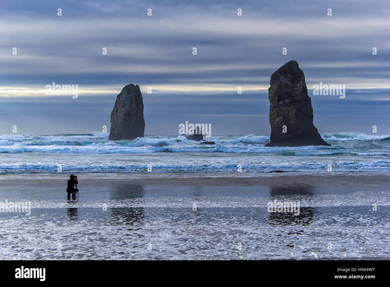 Fotografo cattura di onde luminose da parte di Haystack Rock a Cannon Beach lungo la costa dell'Oregon Foto Stock