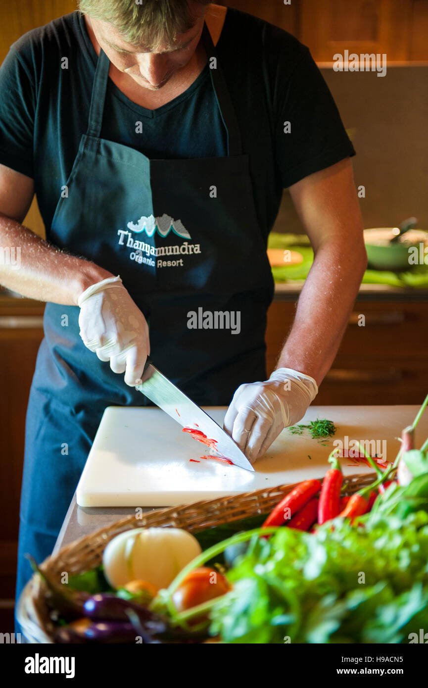 Un turista partecipa in una cucina Tailandese lezioni di cucina presso Thanyamundra Resort organico al di fuori di Khao Sok, Thailandia. Foto Stock