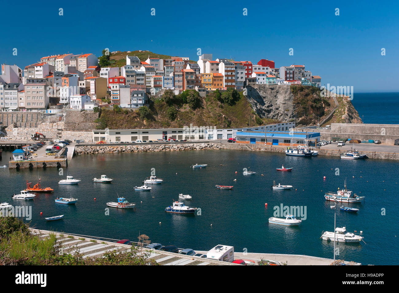 Vista panoramica accanto al mare, Malpica de Bergantiños, La Coruña provincia, regione della Galizia, Spagna, Europa Foto Stock