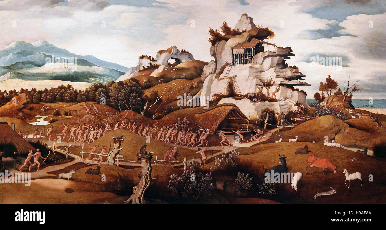 La conquista dell'america 1535 di Jan Jansz Mostaert 1474-1553.Dutch pittore rinascimentale noto per i suoi ritratti religiosi Foto Stock