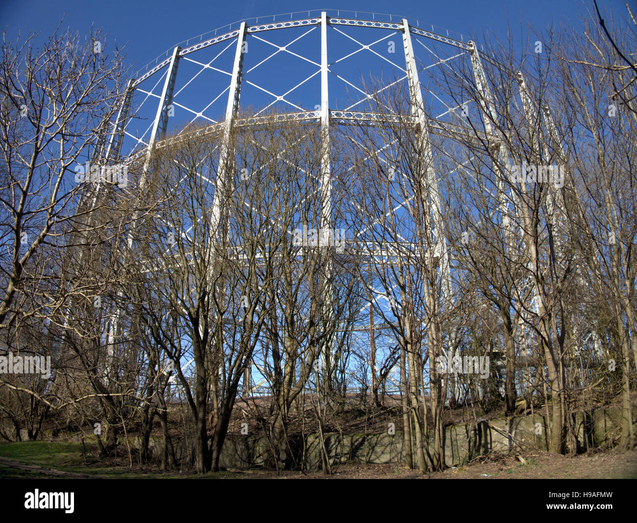 Contenitore di gas storage anniesland gasometro di Glasgow Foto Stock