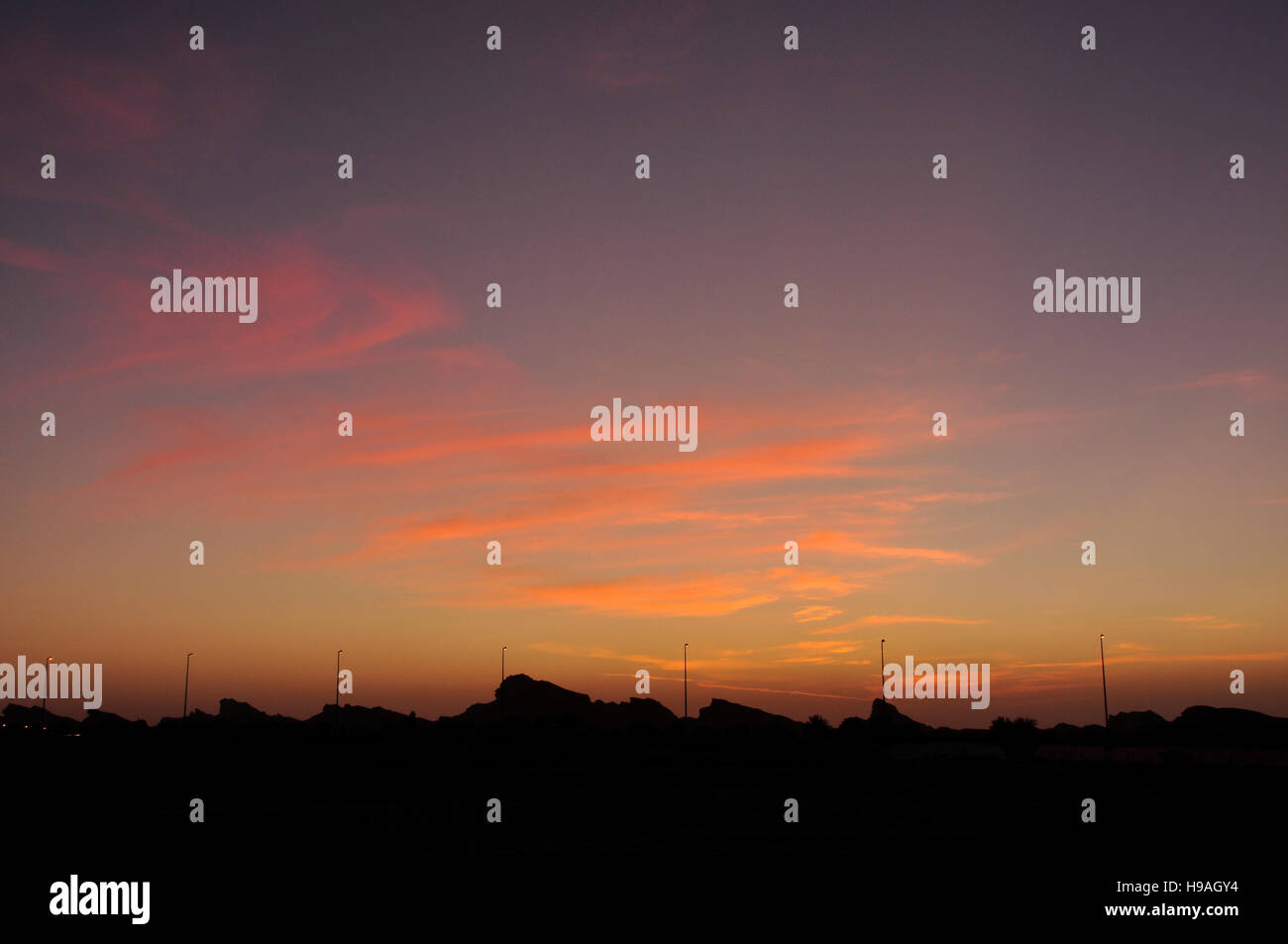 Dopo il tramonto nella Provincia Orientale, Abu Dhabi Foto Stock