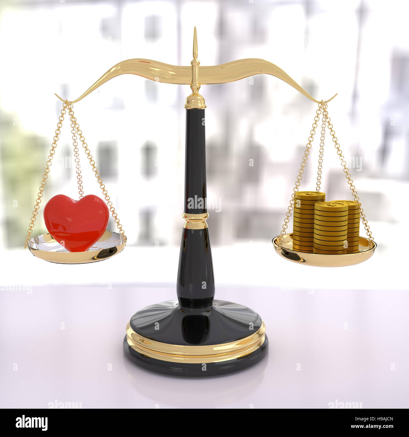 3D rendering di una bilancia di amore e di denaro Foto stock - Alamy