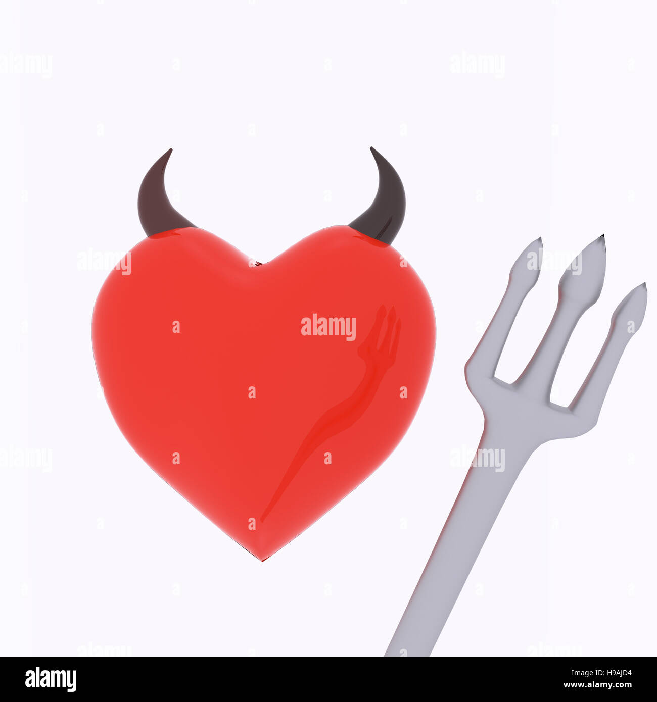 3D rendering di rosso le corna sulla testa di un cuore e la forcella in sfondo nero Foto Stock