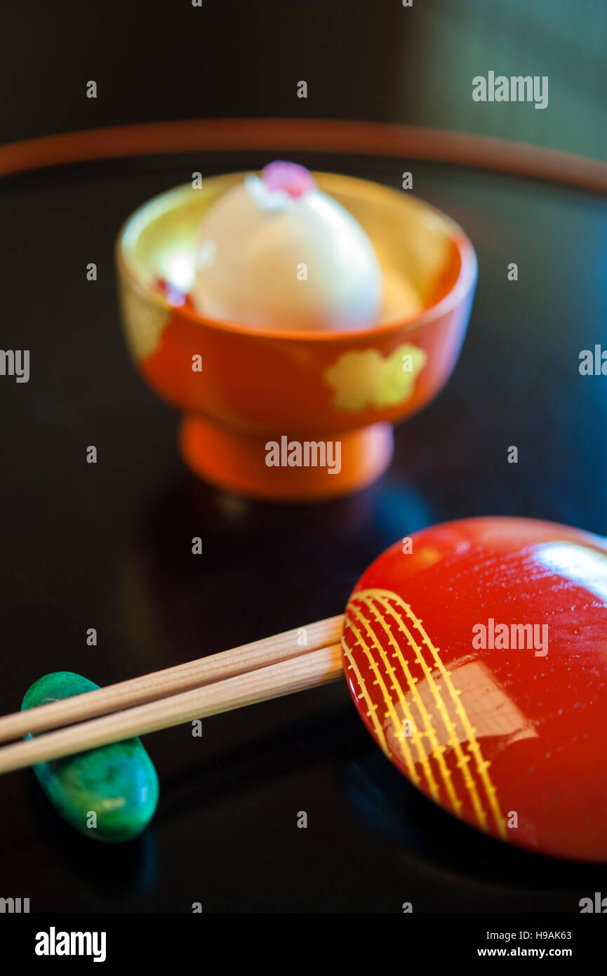 In camicia di albicocca decapata con cod milt salsa in Kikunoi, le tre stelle Michelin ottimi pasti Kaiseki ristorante dello chef Yoshihiro Murata, Foto Stock