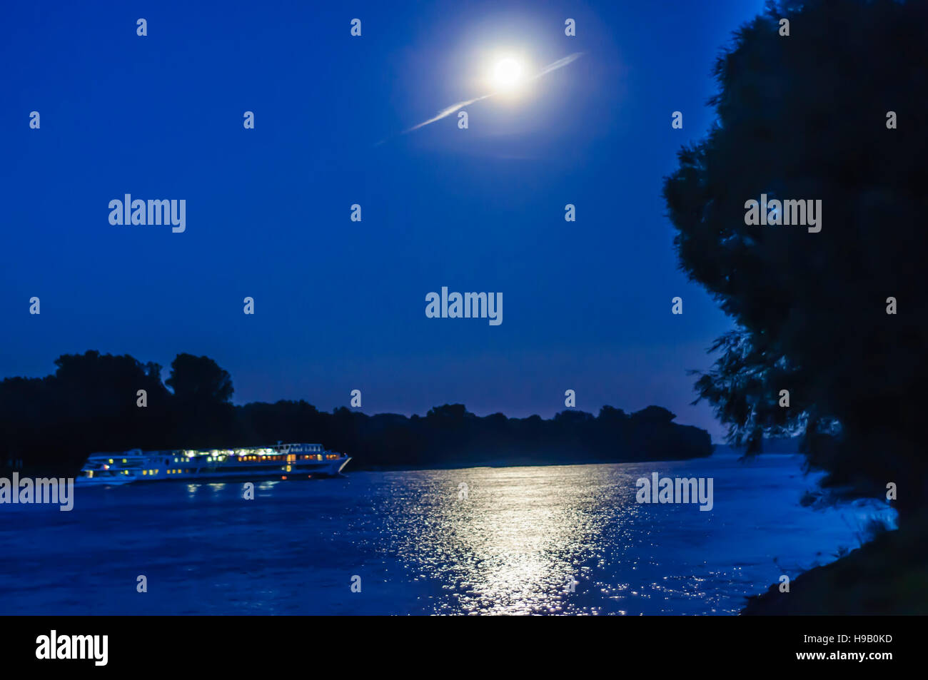 Schwechat: Danubio nel Parco Nazionale Donauauen, la luna piena, la nave di crociera,, Donau Niederösterreich, Austria Inferiore, Austria Foto Stock