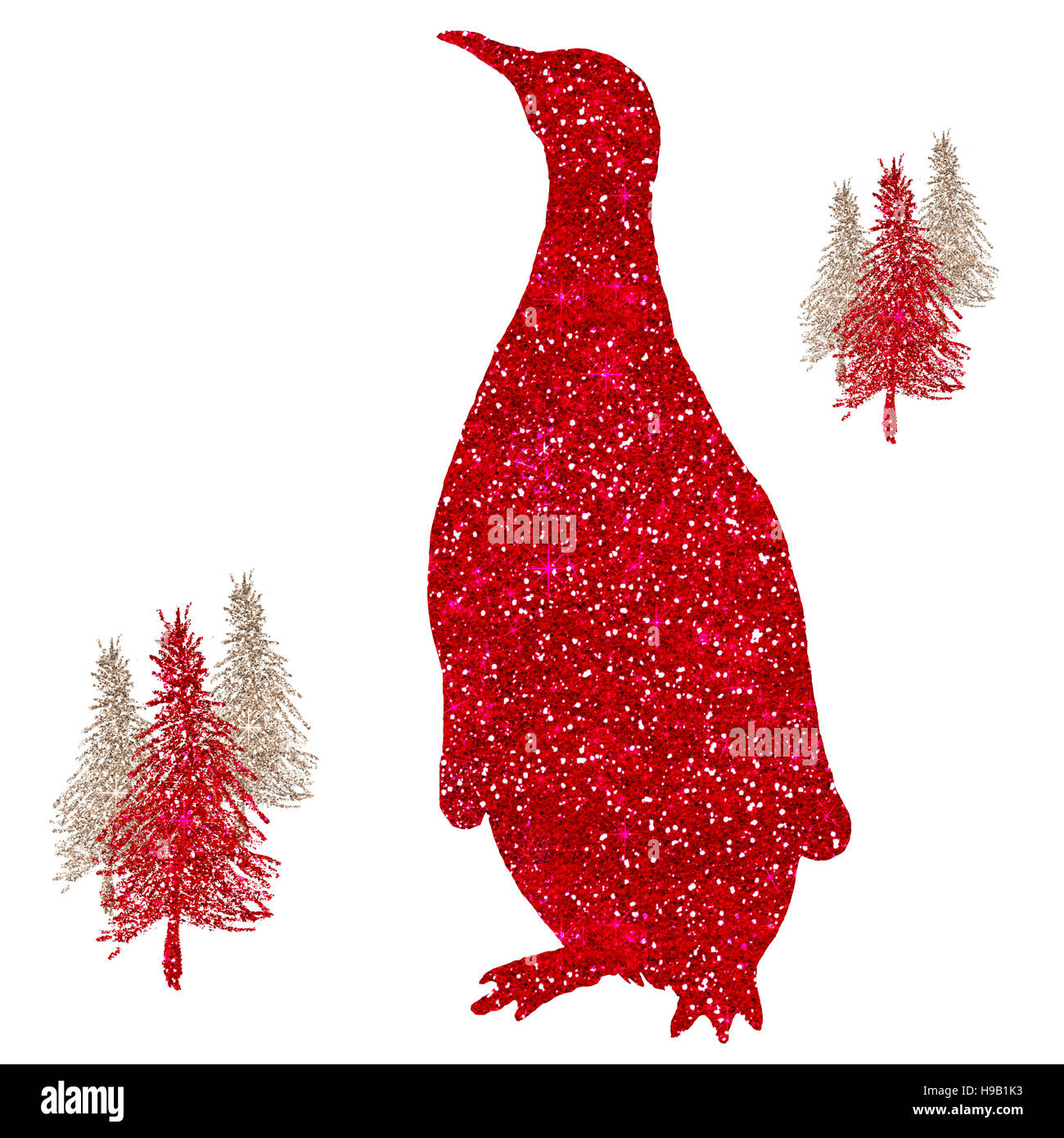 Penguin Red Glitter vacanze natalizie scintillano Silhouette con alberi di Natale Foto Stock