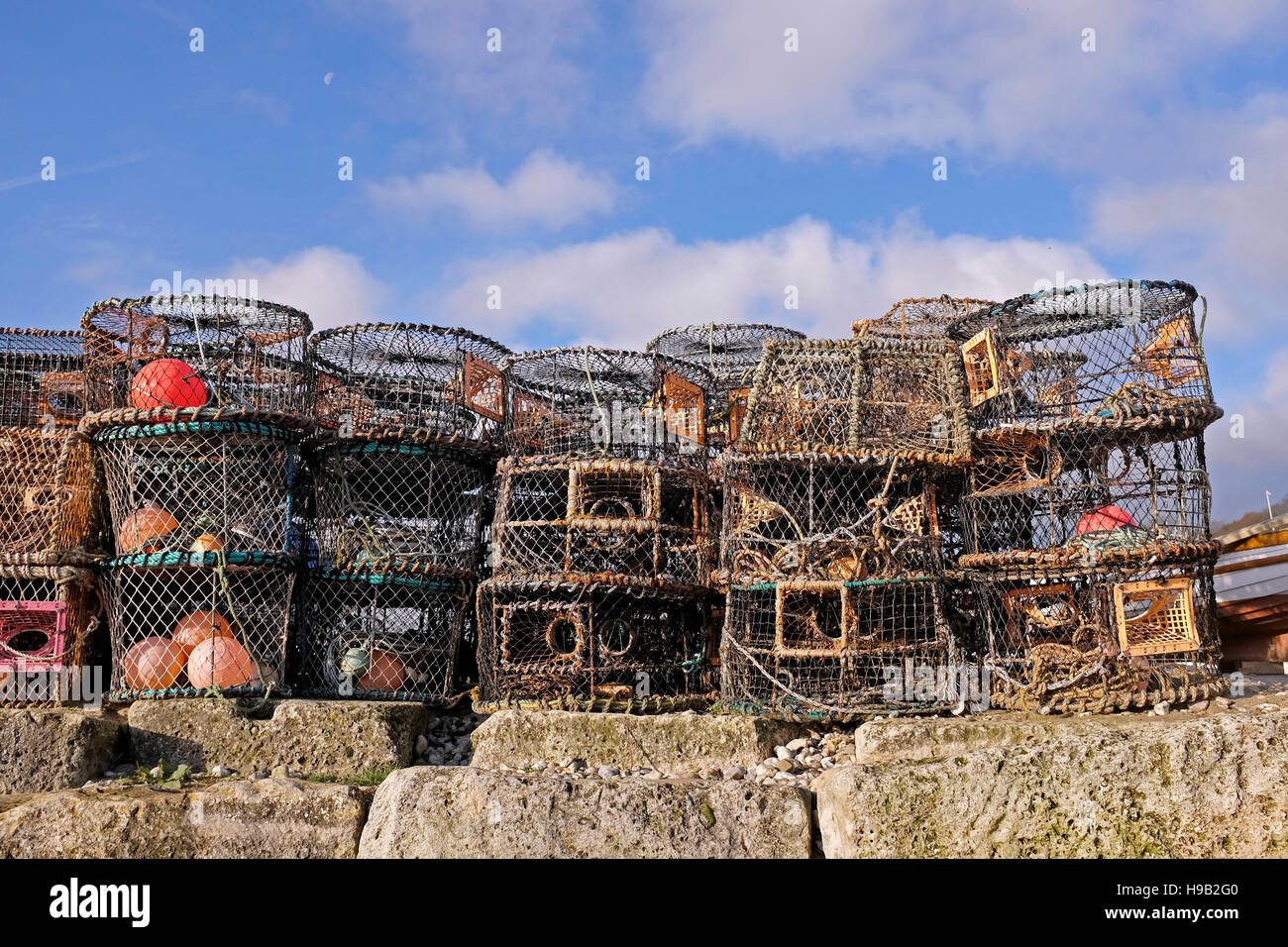 La pesca di aragosta e granchio pentole a Lyme Regis Dorset Foto Stock