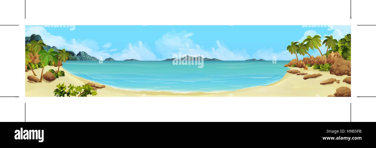 Panorama del Mare. Bay, la spiaggia tropicale. Sfondo vettoriale Illustrazione Vettoriale