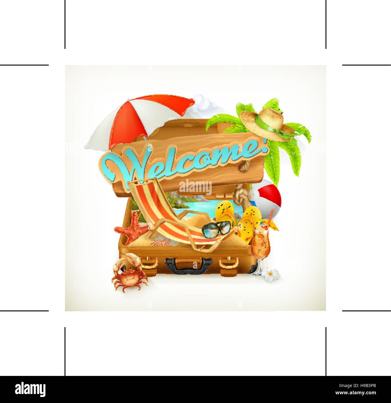 Vacanza in spiaggia. Benvenuti Estate, illustrazione vettoriale Illustrazione Vettoriale