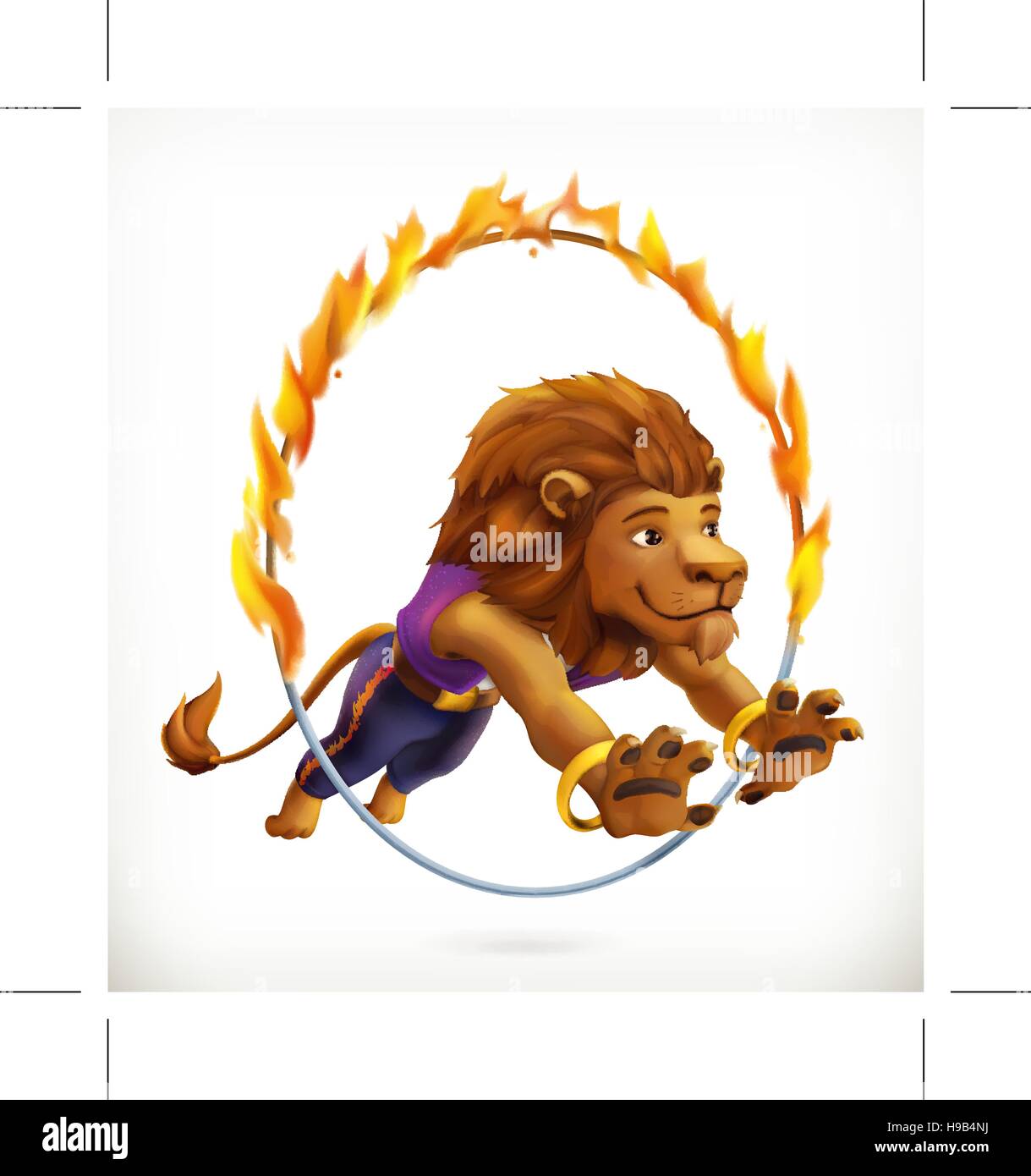 Circus lion saltando attraverso una fiammante hoop, fire show, icona vettore mesh Illustrazione Vettoriale