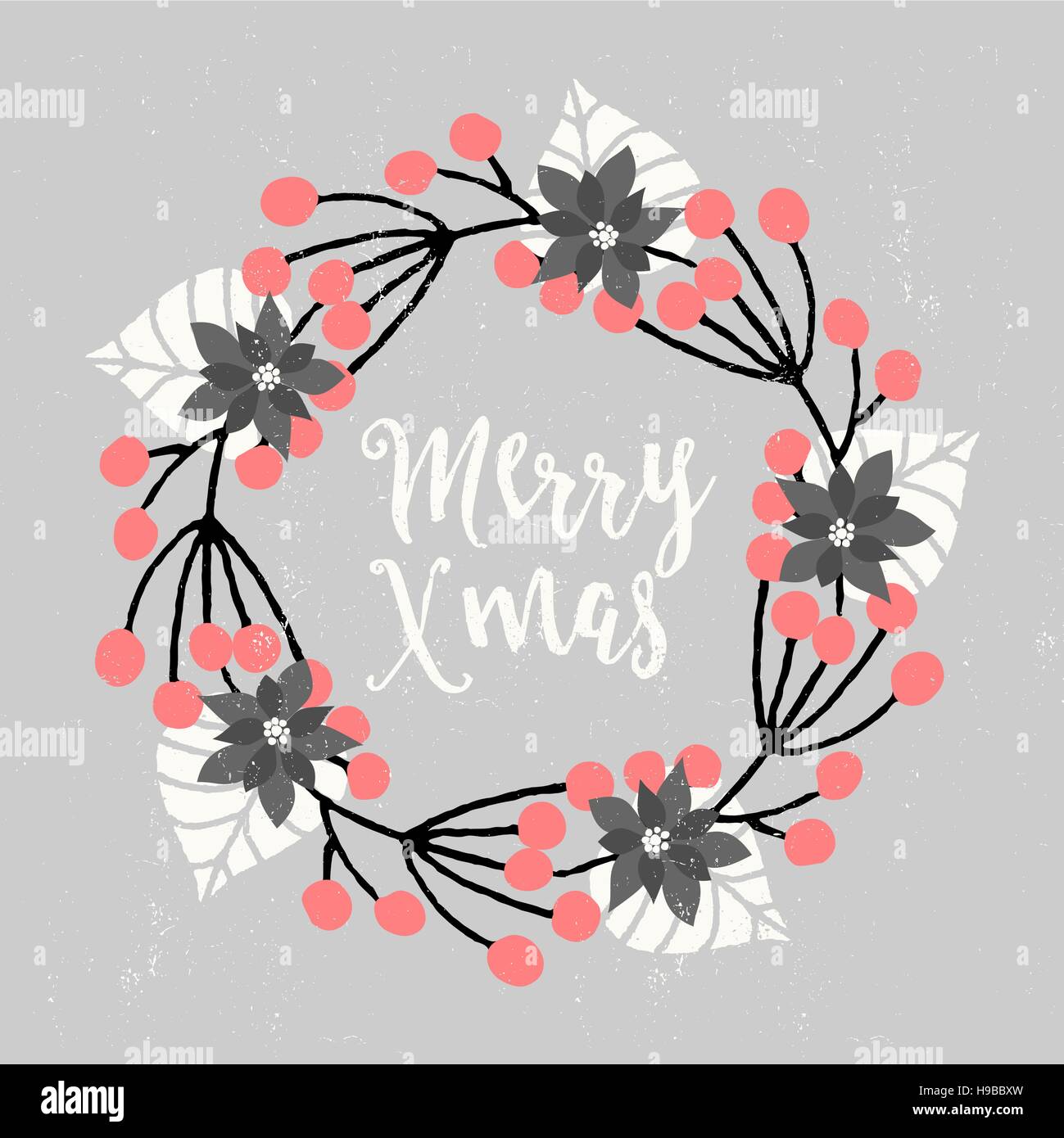 Natale greeting card design con ghirlanda floreale decorazione a mano e letterati del testo. Moderno stagione invernale cartolina, brochure, wall art design. Illustrazione Vettoriale