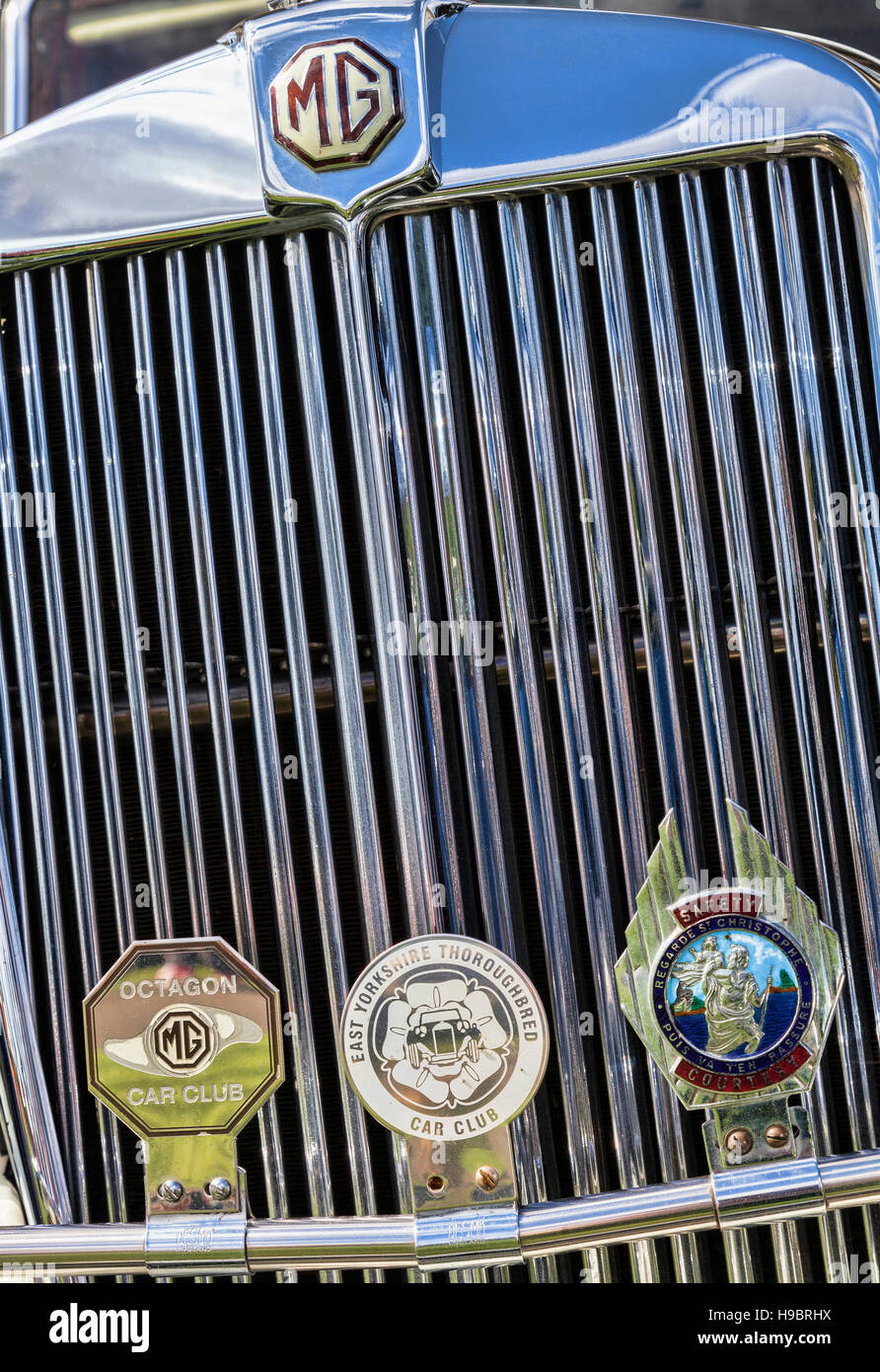 Dettaglio della griglia del radiatore e il badge bar classico di MG auto Foto Stock