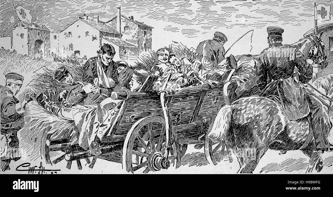 Guerra franco-prussiana, 1870, trasporto di soldati feriti, illustrazione storico Foto Stock