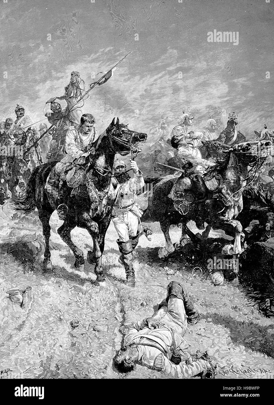 Guerra franco-prussiana, 1870, la carica di luce Brigata a Bionville, Francia, illustrazione storico Foto Stock