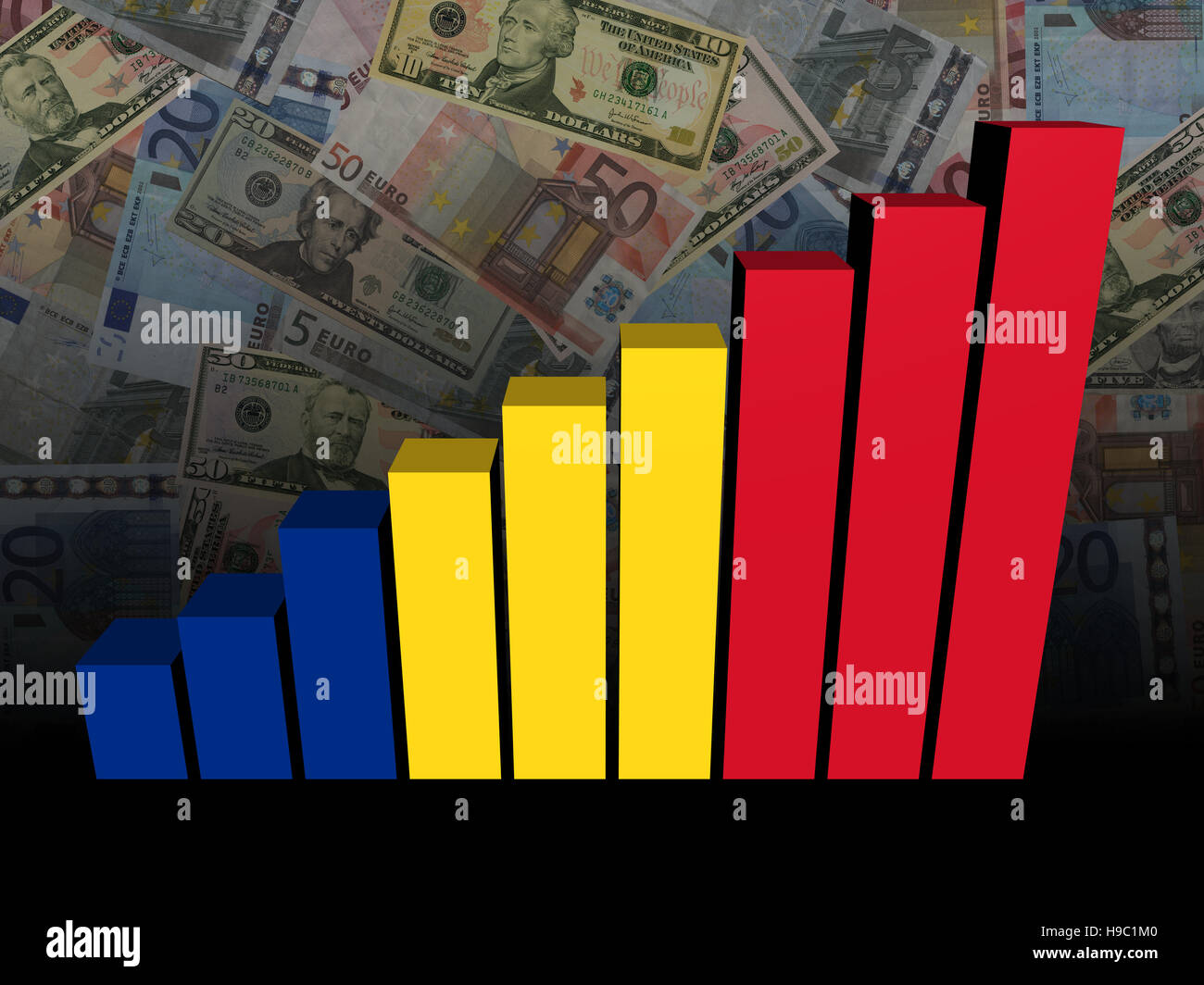 Bandiera rumena barra del grafico al di sopra di dollari ed euro illustrazione dello sfondo Foto Stock