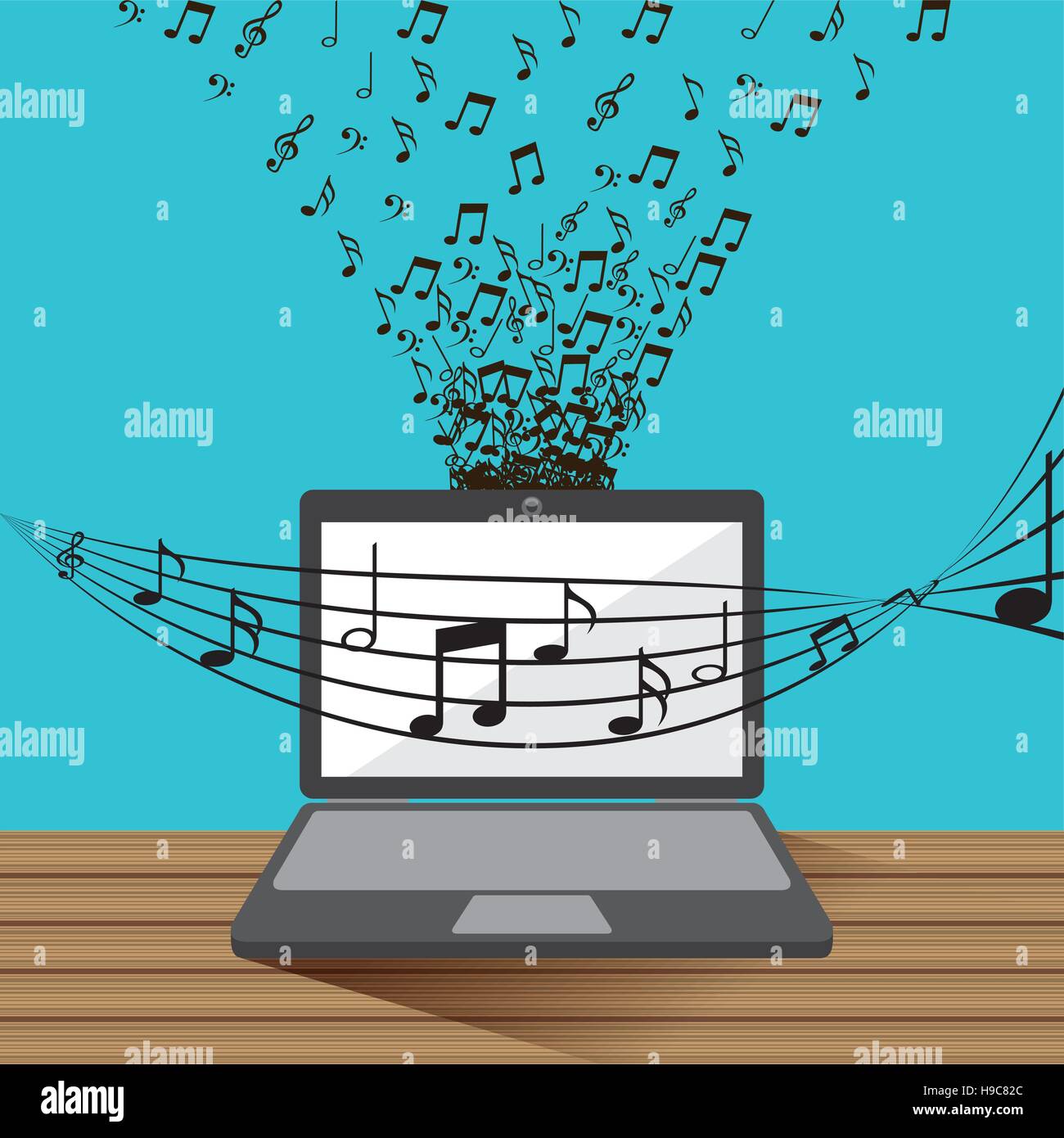 Computer portatile con note musicali su sfondo blu. design colorato.  illustrazione vettoriale Immagine e Vettoriale - Alamy