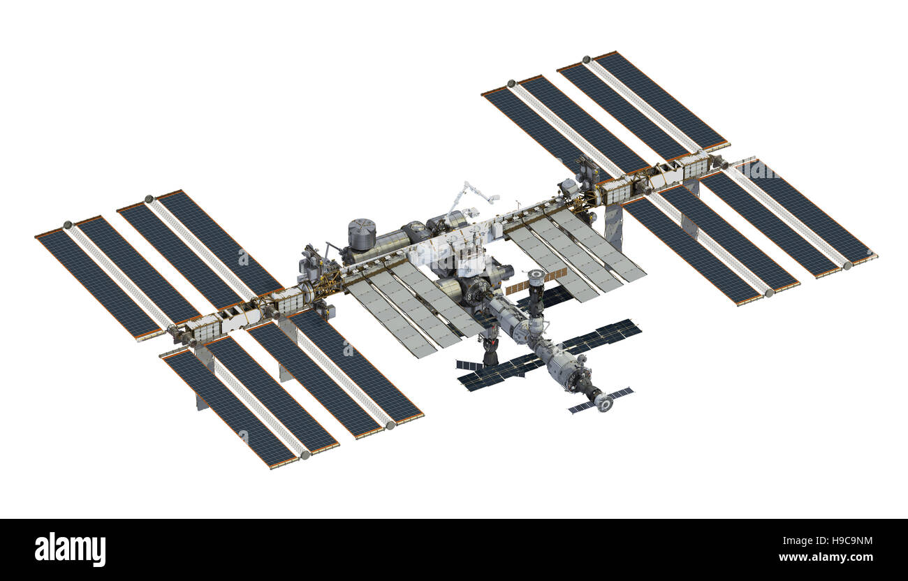 Stazione spaziale internazionale su sfondo bianco. 3D'illustrazione. Foto Stock