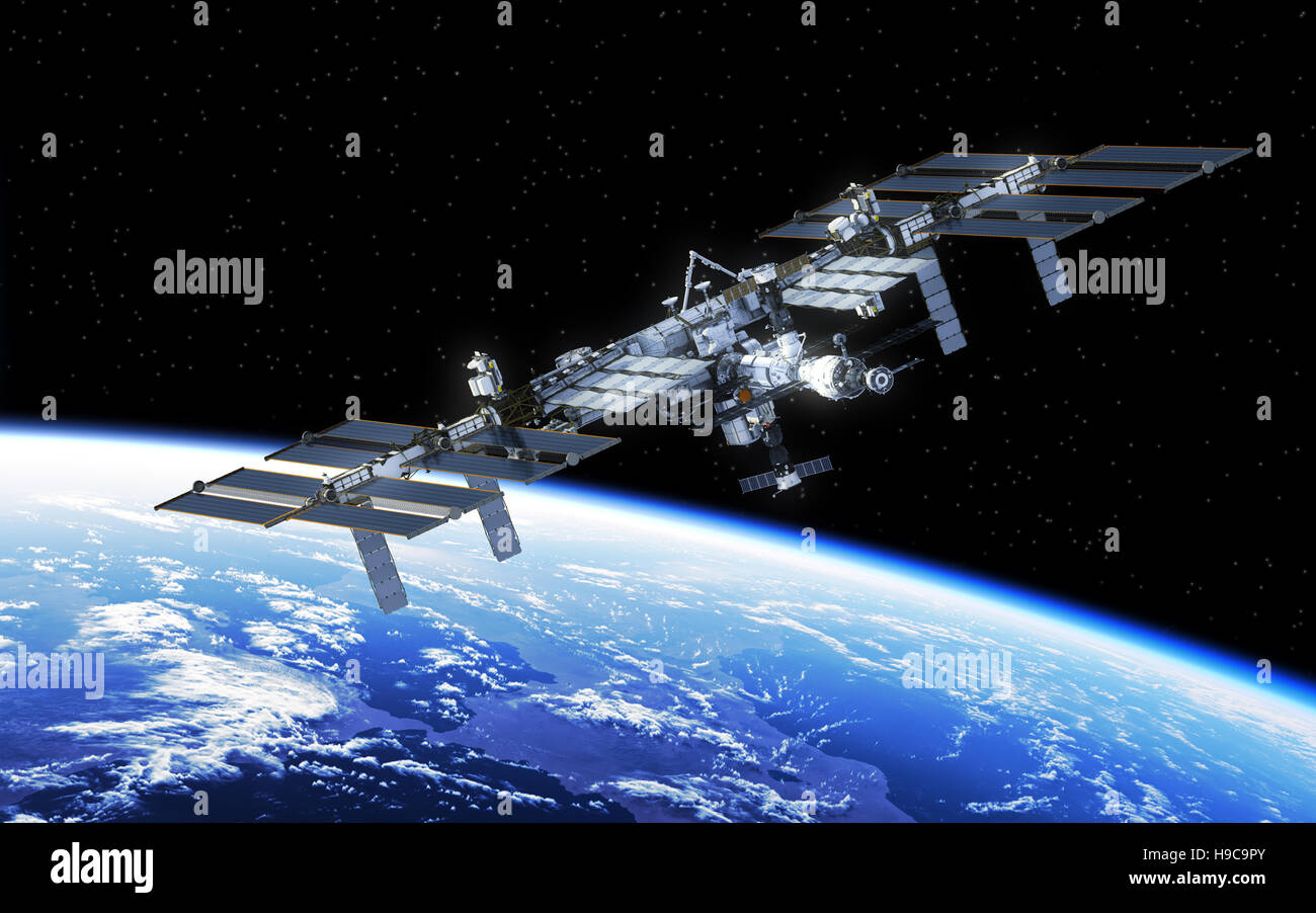 La stazione spaziale internazionale in orbita intorno alla terra. 3D'illustrazione. Foto Stock