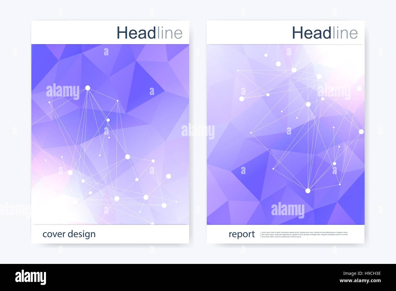Brochure scientifico modello di disegno. Vettore formato flyer, struttura molecolare di DNA collegato con linee e punti. Scientific colorato disegno poligonale per la rivista, il foglietto, coperchio, poster design. Illustrazione Vettoriale