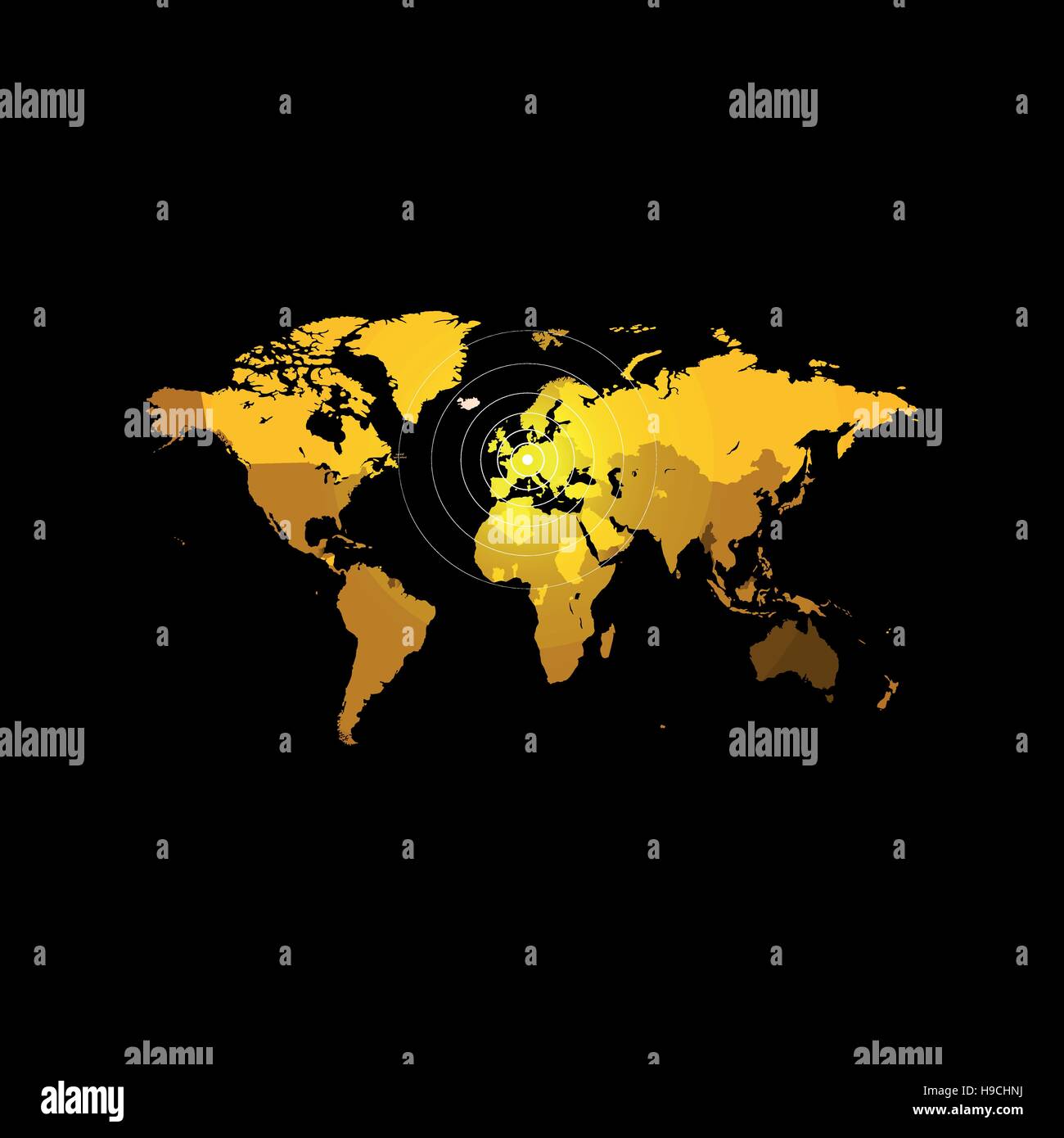 Colore arancio mappa del mondo su sfondo nero. Design globo sullo sfondo. Elemento di cartografia Carta da parati. Posizioni geografiche dell'immagine. Continenti illustrazione vettoriale. Illustrazione Vettoriale
