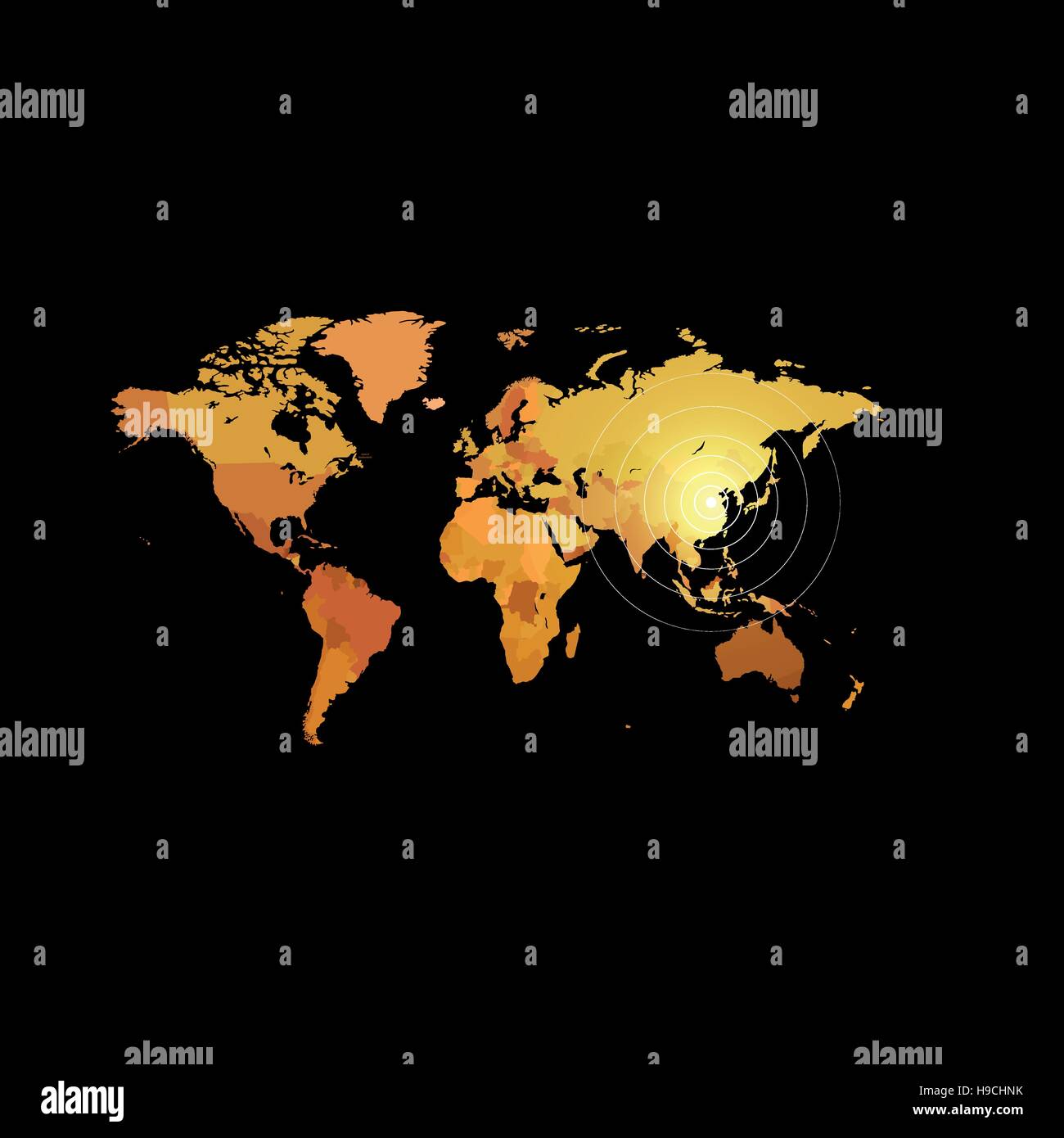 Colore arancio mappa del mondo su sfondo nero. Design globo sullo sfondo. Elemento di cartografia Carta da parati. Posizioni geografiche dell'immagine. Continenti illustrazione vettoriale. Illustrazione Vettoriale