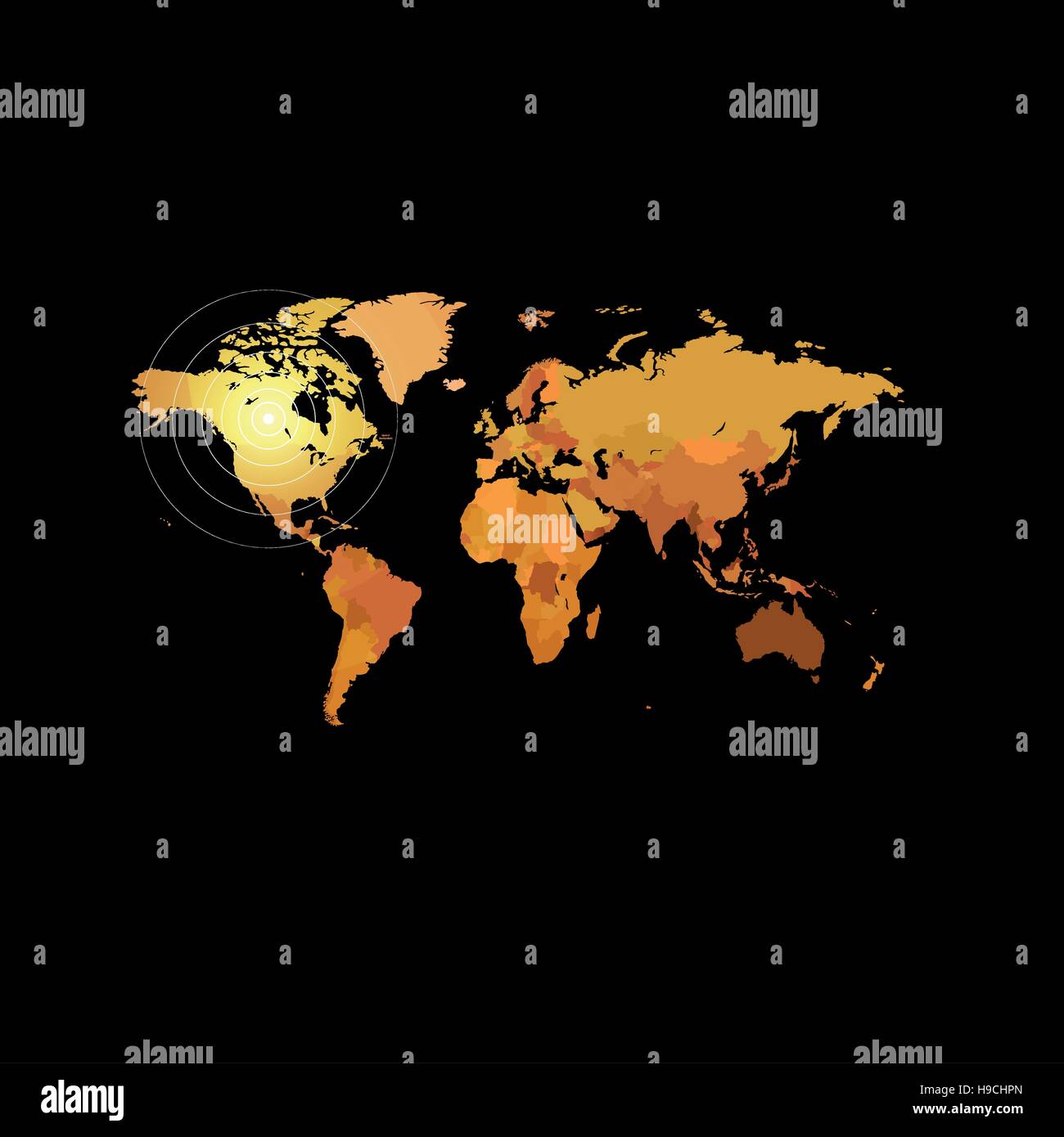 Colore arancio mappa del mondo su sfondo nero. Design globo sullo sfondo. Elemento di cartografia Carta da parati. Posizioni geografiche dell'immagine. Continenti illustrazione vettoriale. Illustrazione Vettoriale