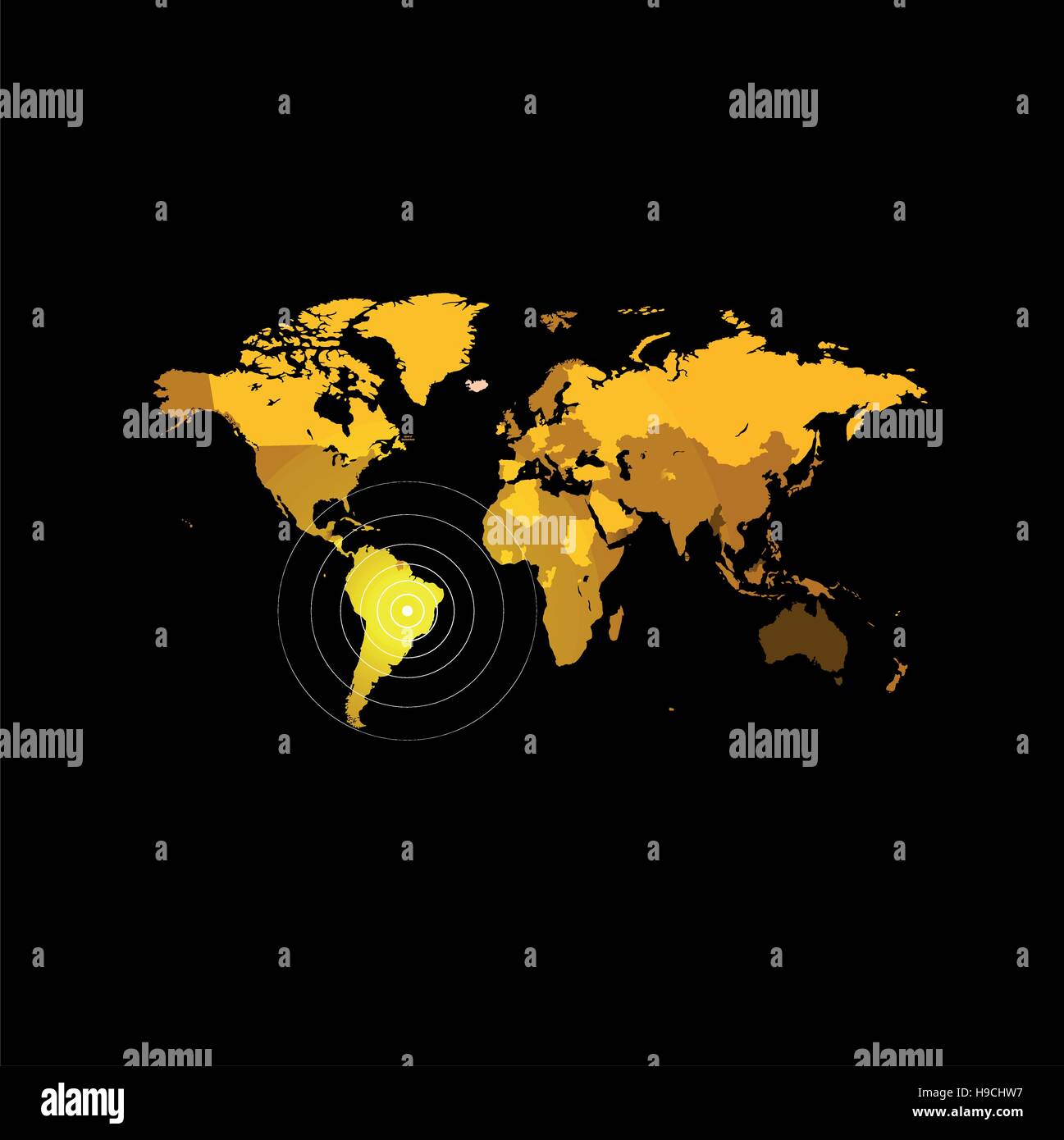 Colore arancio mappa del mondo su sfondo nero. Design globo sullo sfondo. Elemento di cartografia Carta da parati. Posizioni geografiche dell'immagine. Continenti illustrazione vettoriale. Illustrazione Vettoriale