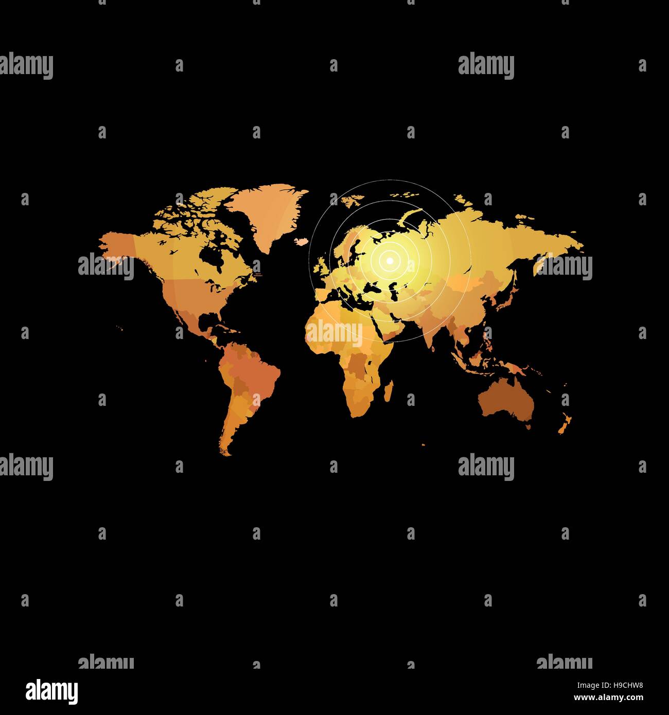 Colore arancio mappa del mondo su sfondo nero. Design globo sullo sfondo. Elemento di cartografia Carta da parati. Posizioni geografiche dell'immagine. Continenti illustrazione vettoriale. Illustrazione Vettoriale