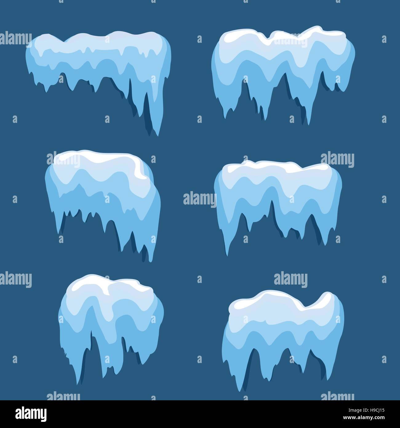 Set di neve isolato cap. Elementi innevati in inverno sfondo. Template vettoriale in stile cartoon per il tuo design. Nevicata e fiocchi di neve in movimento. Illustrazione Vettoriale