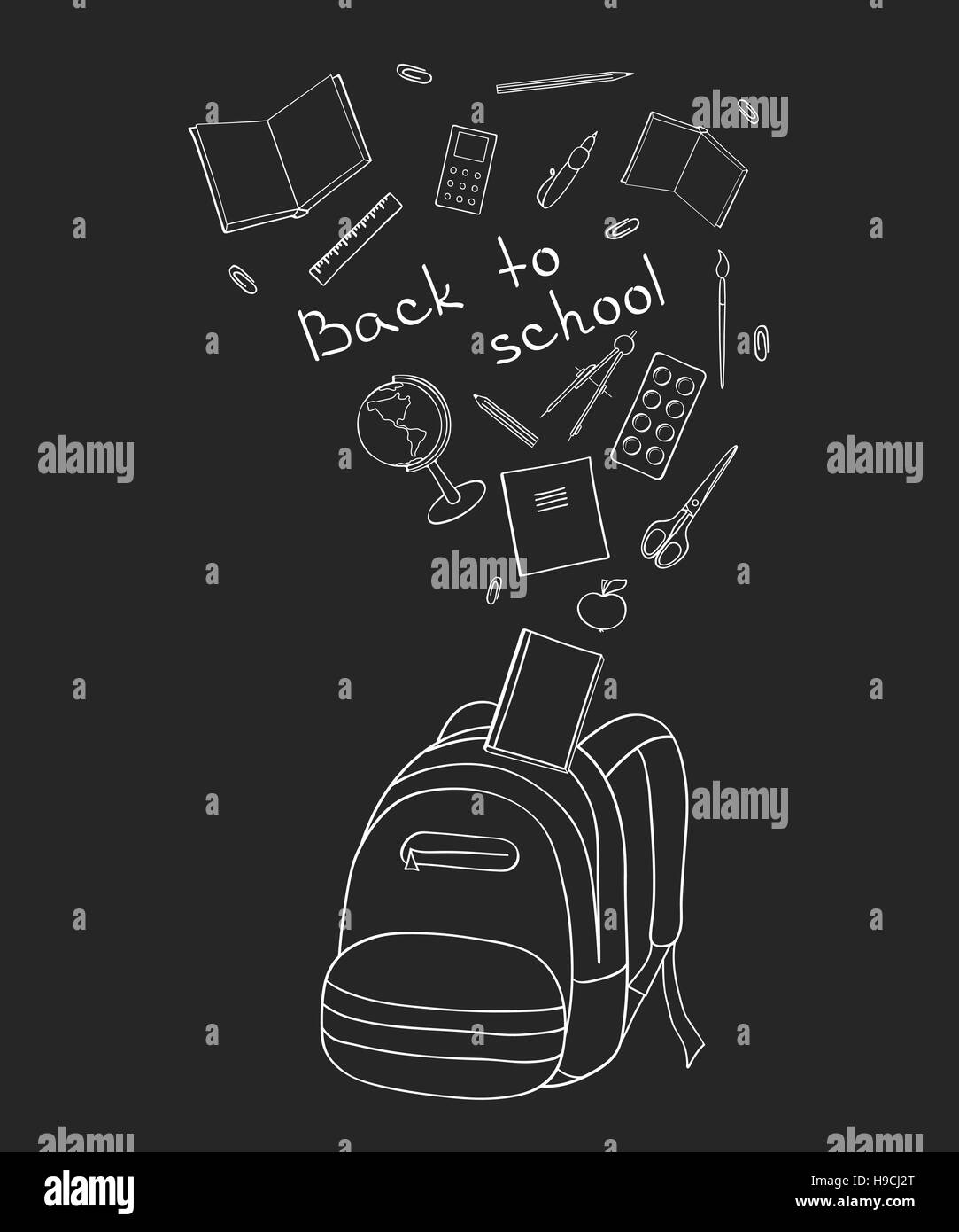 Set di scuola-voci correlate. Sketch-come illustrazione di uno zaino, libri, penne e altri oggetti per gli studi. Profilo bianco su uno sfondo scuro. Illustrazione Vettoriale