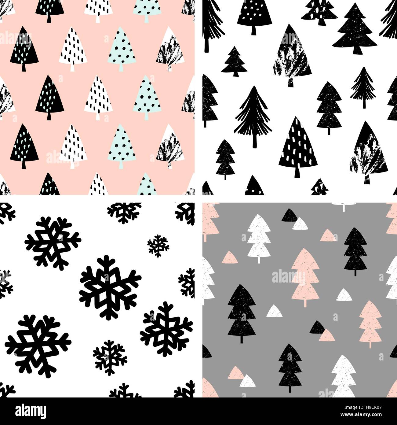 Un set di quattro inverno seamless Repeat patterns con alberi di Natale e i fiocchi di neve. Pannellizzazione sfondo festosa, biglietto di auguri o carta di avvolgimento. Illustrazione Vettoriale