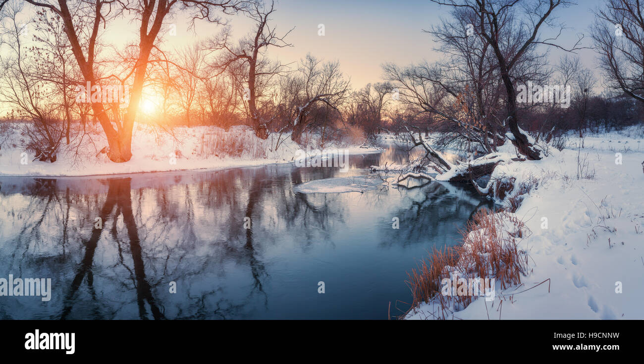 Panoramica paesaggio invernale con alberi, splendido fiume al tramonto. Foresta d'inverno. Stagione. Paesaggio con alberi d'inverno Foto Stock