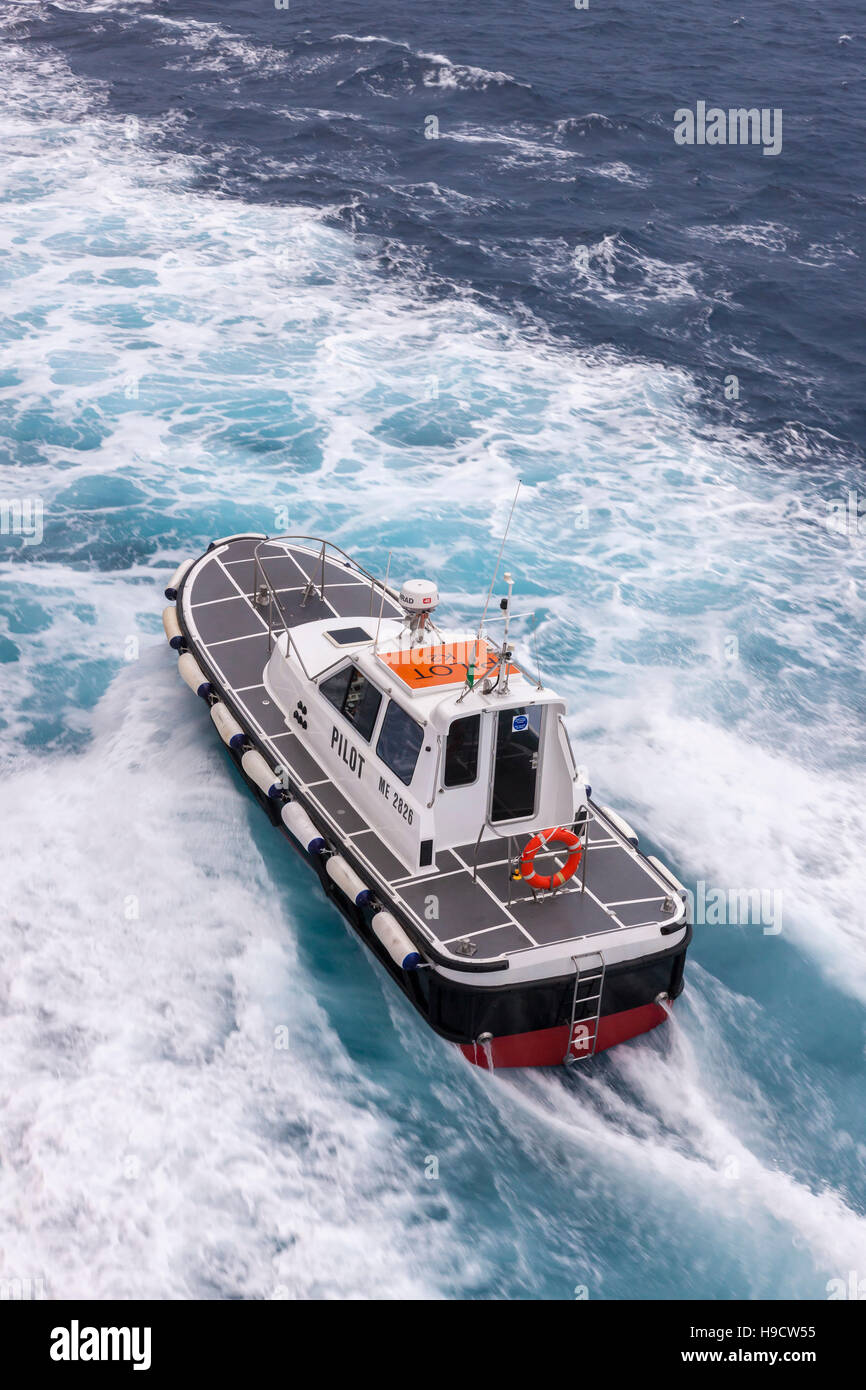 Barca pilota a fianco in attesa di prendere il pilota di ritorno al porto delle navi da crociera P&O Arcadia dopo aver lasciato Messina, Sicilia. Foto Stock