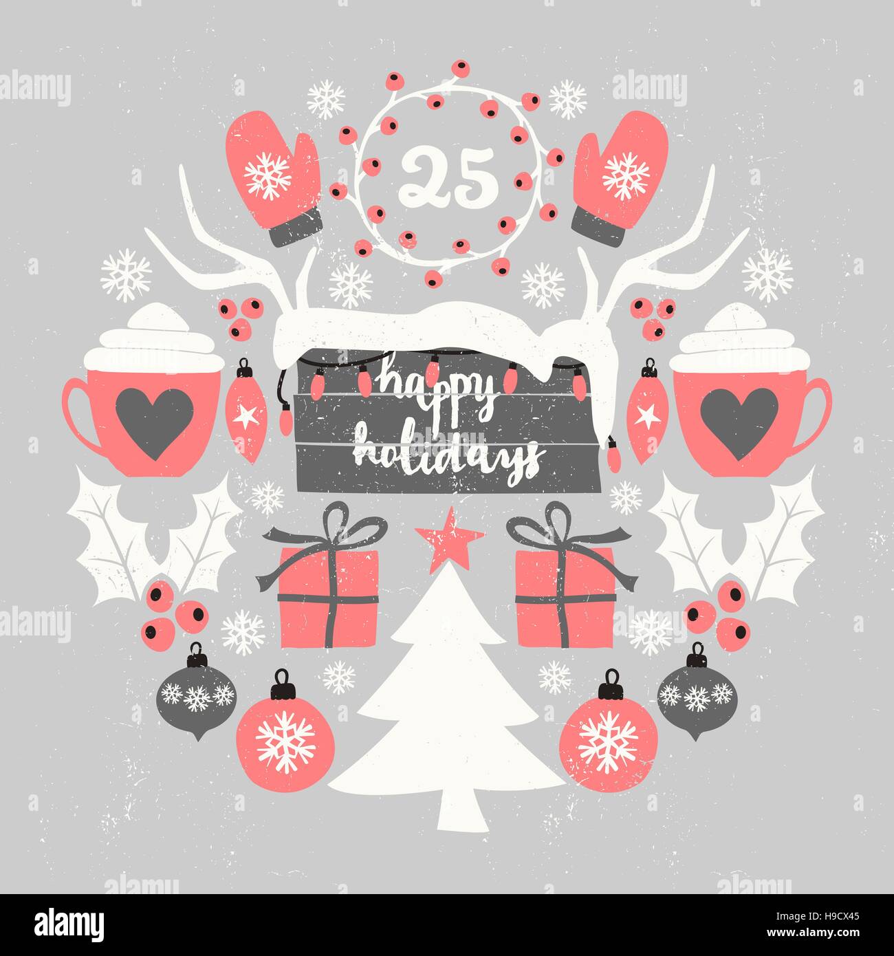 Un round composizione dei simboli di Natale in rosa, bianco, nero e grigio. Lo stile scandinavo stagione invernale cartolina, brochure, wall art design. Illustrazione Vettoriale