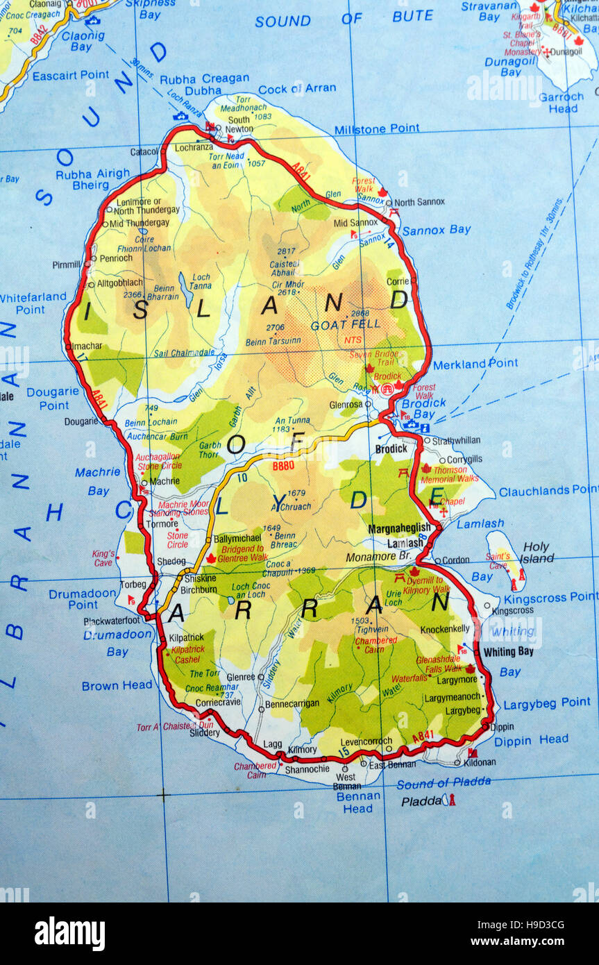 La mappa stradale di Isola di Arran, Scozia Foto Stock