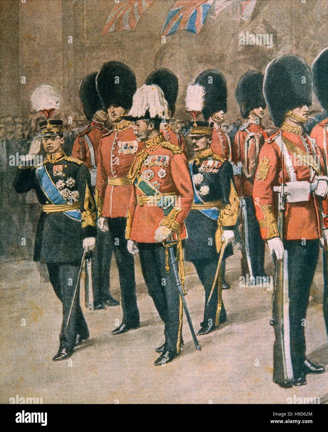 Incisione del XX secolo , il principe Hirohito durante il suo viaggio in Inghilterra con il re Georges V 1922 Foto Stock