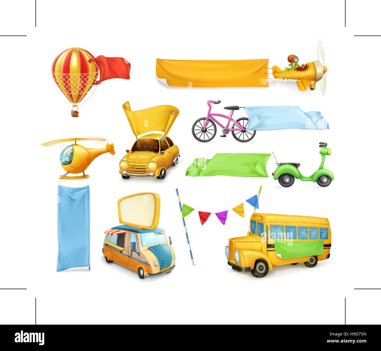 Trasporto di cartoni animati, automobili ed aeroplani con striscioni e bandiere, set di vettore di elementi grafici Illustrazione Vettoriale