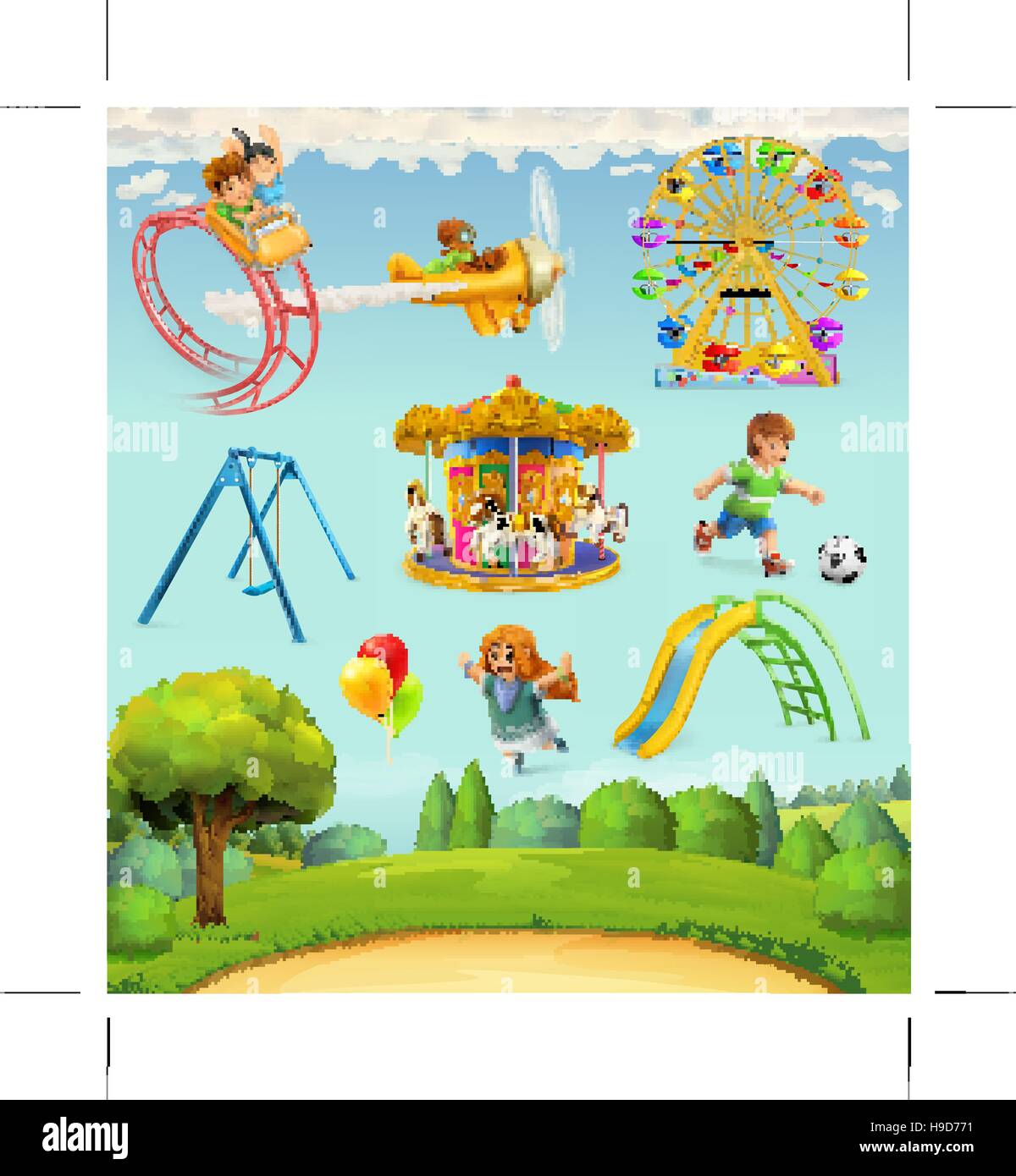 Parco giochi per bambini, set di icone vettoriali Illustrazione Vettoriale