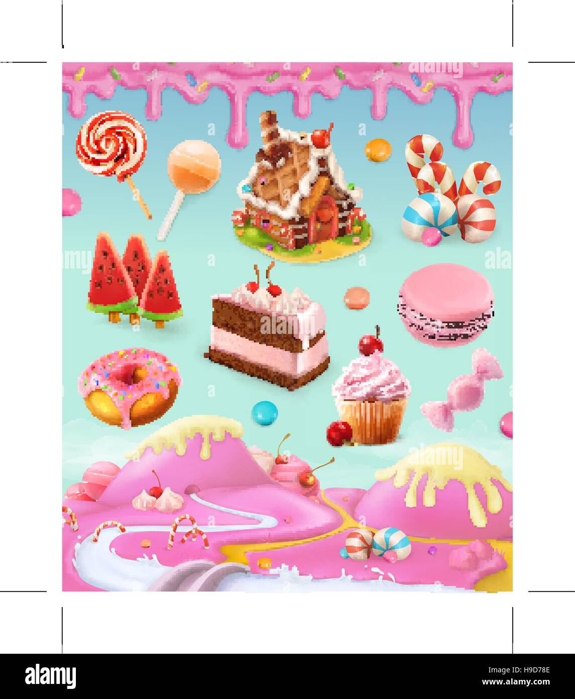 Pasticceria e dolci, torte, tortina, candy, lecca-lecca, panna montata, glassa, set di oggetti di grafica vettoriale con dolce sfondo rosa, mesh illu Illustrazione Vettoriale