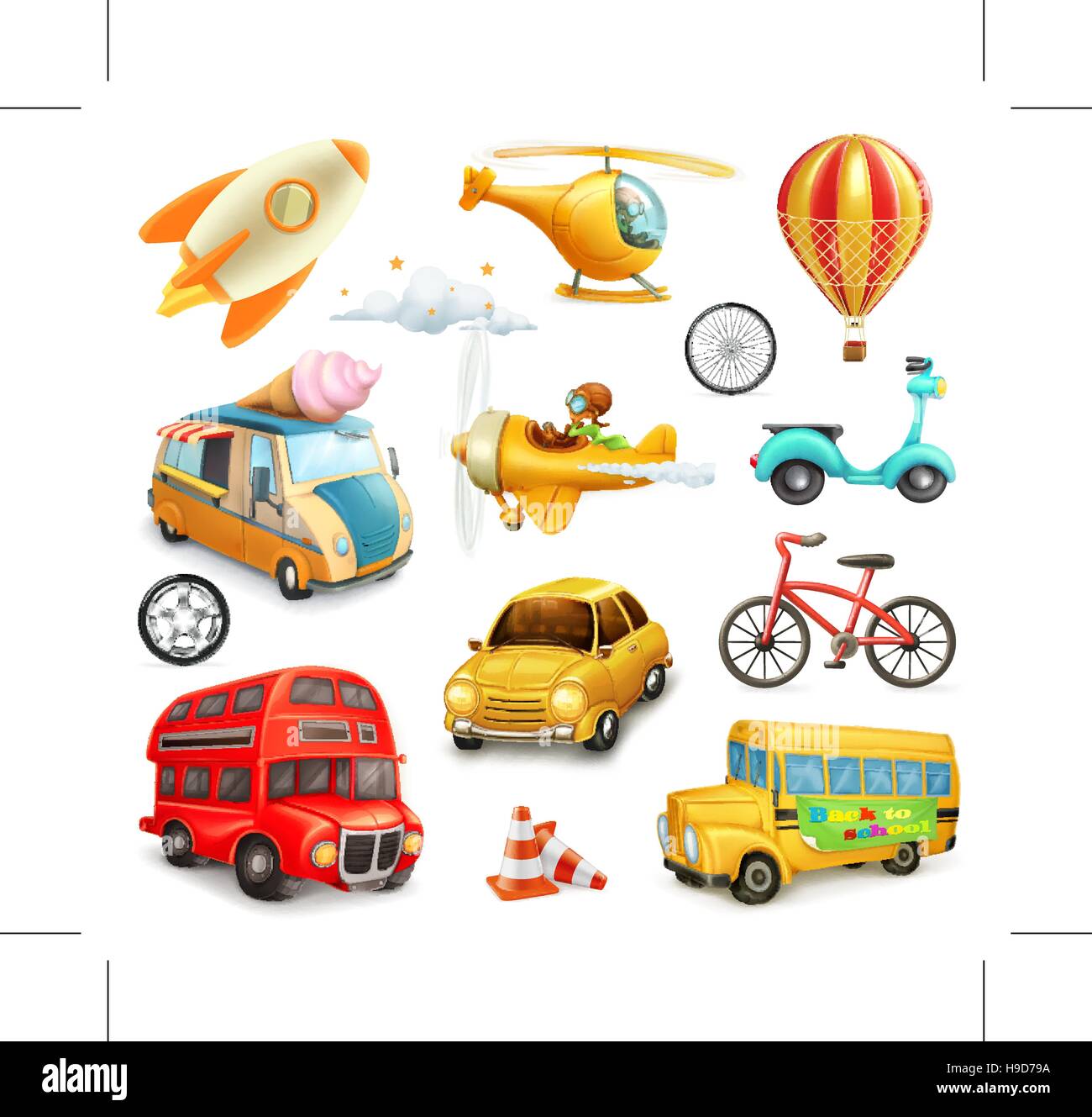 Funny cartoon trasporto, automobili ed aeroplani set di icone vettoriali Illustrazione Vettoriale
