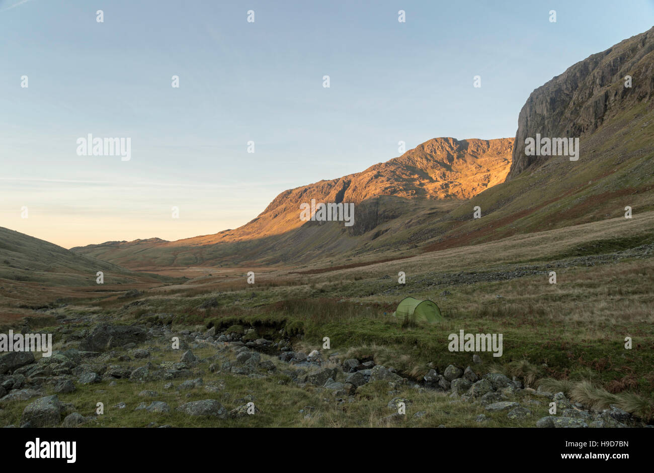 Solo wild camp sotto Scafell Pike su grande moss, piantato vicino all'ingresso ot poco narrocove nel distretto del lago. Foto Stock
