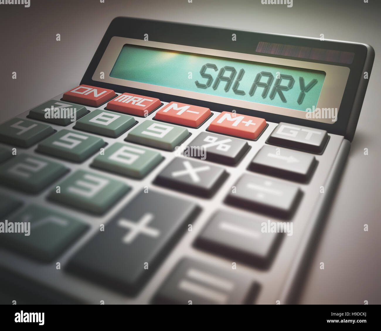 Calcolatrice solare con la parola salario sul display. 3D'illustrazione, il concetto di immagine di business e finanza. Foto Stock