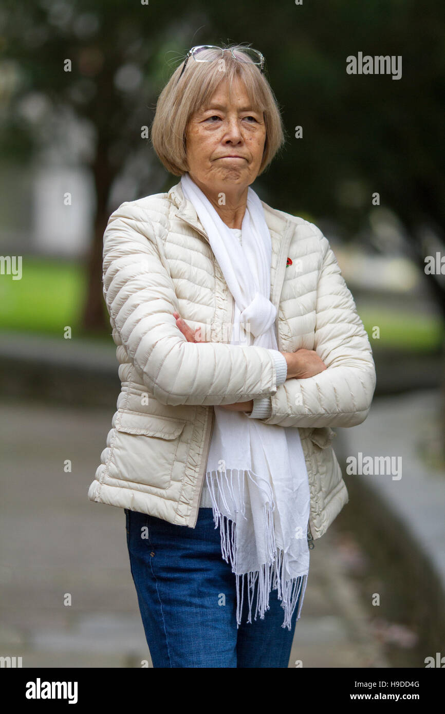 Colpo verticale del quartiere alla moda di vecchia dama giapponese al di fuori si levò in piedi con le braccia incrociate Foto Stock