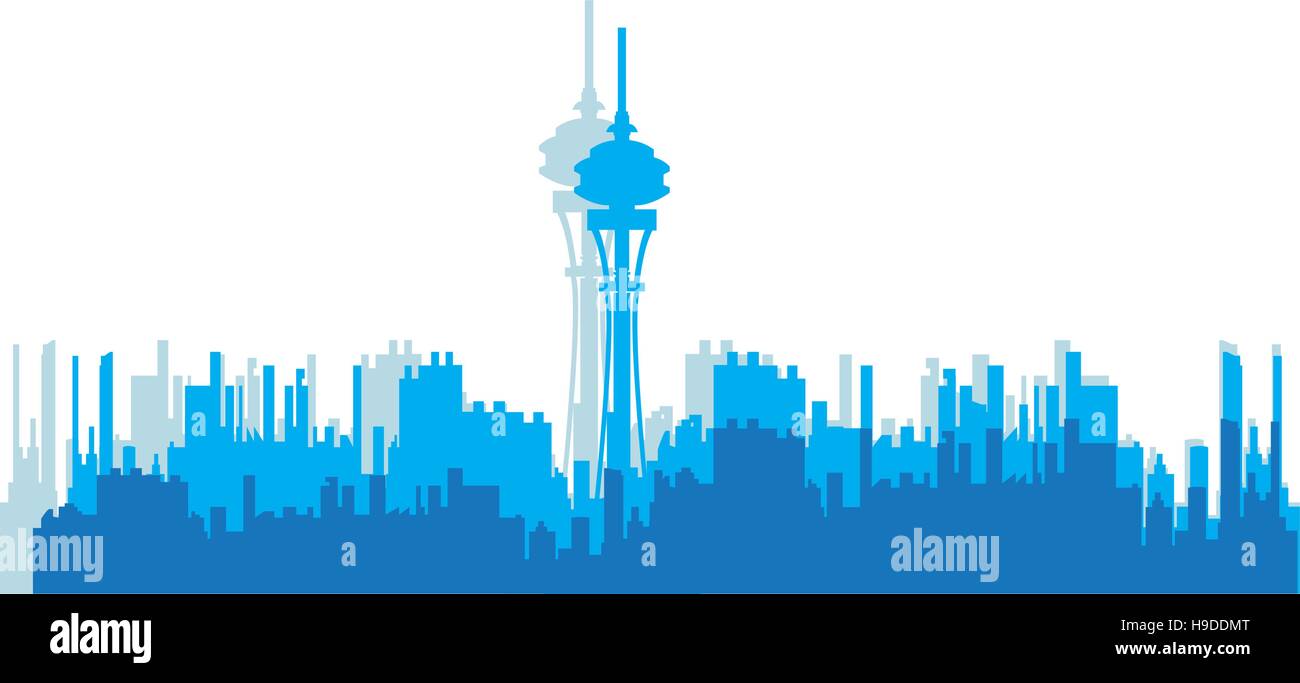 Blu isolato skyline di Seattle, illustrazione vettoriale Illustrazione Vettoriale