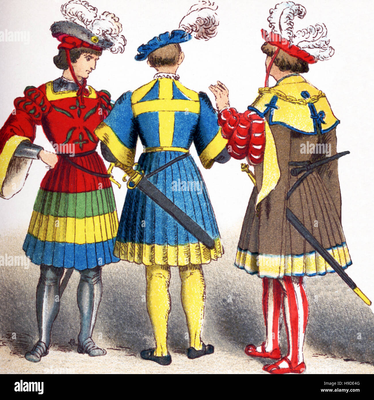 Le figure qui rappresentate sono tedeschi tra 1500 e 1550. Essi sono, da sinistra a destra: due cavalieri e a cittadini di rango in costume di corte,. L'illustrazione risale al 1882. Foto Stock